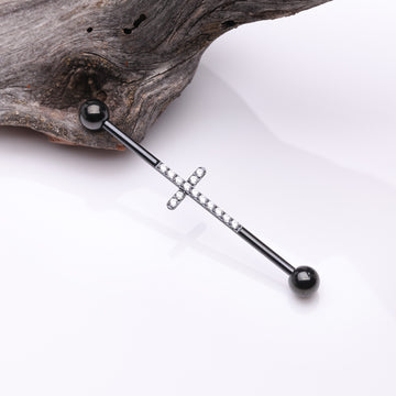 Detail View 1 of Implant Grade Titanium Blackline Sparkle Lined Multi-Gem Cross Industrial Barbell-Clear Gem